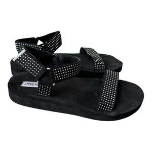 Steve Madden Women Size 9 Flim Black Strappy Silver Embellished Flat Sandals